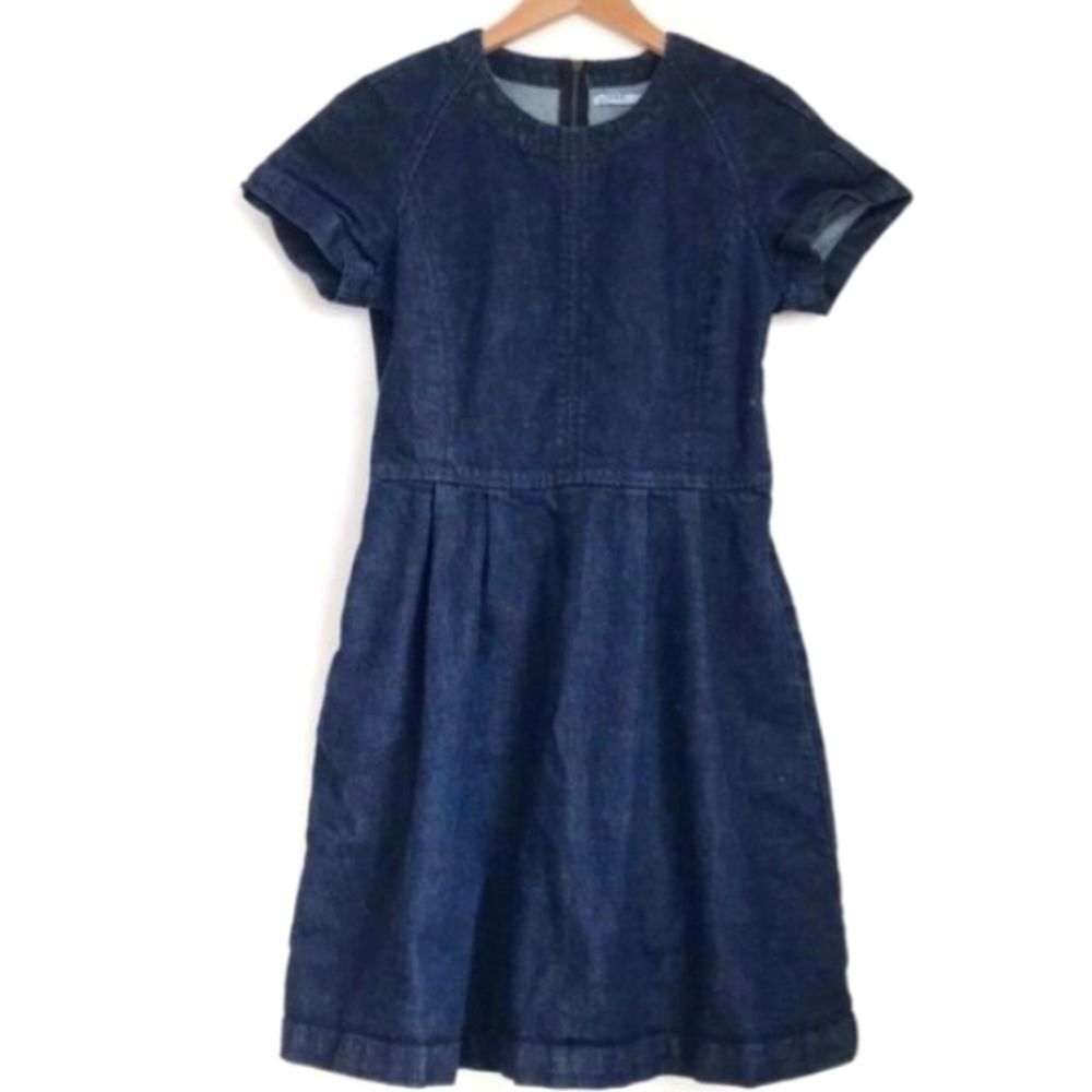 GAP Chambray Fit-and-Flare Dress Indigo Blue Cap Sleeves Pockets Mini Zip Back - Picture 11 of 11